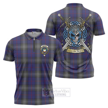 Kinnaird Tartan Zipper Polo Shirt with Family Crest Celtic Skull Style