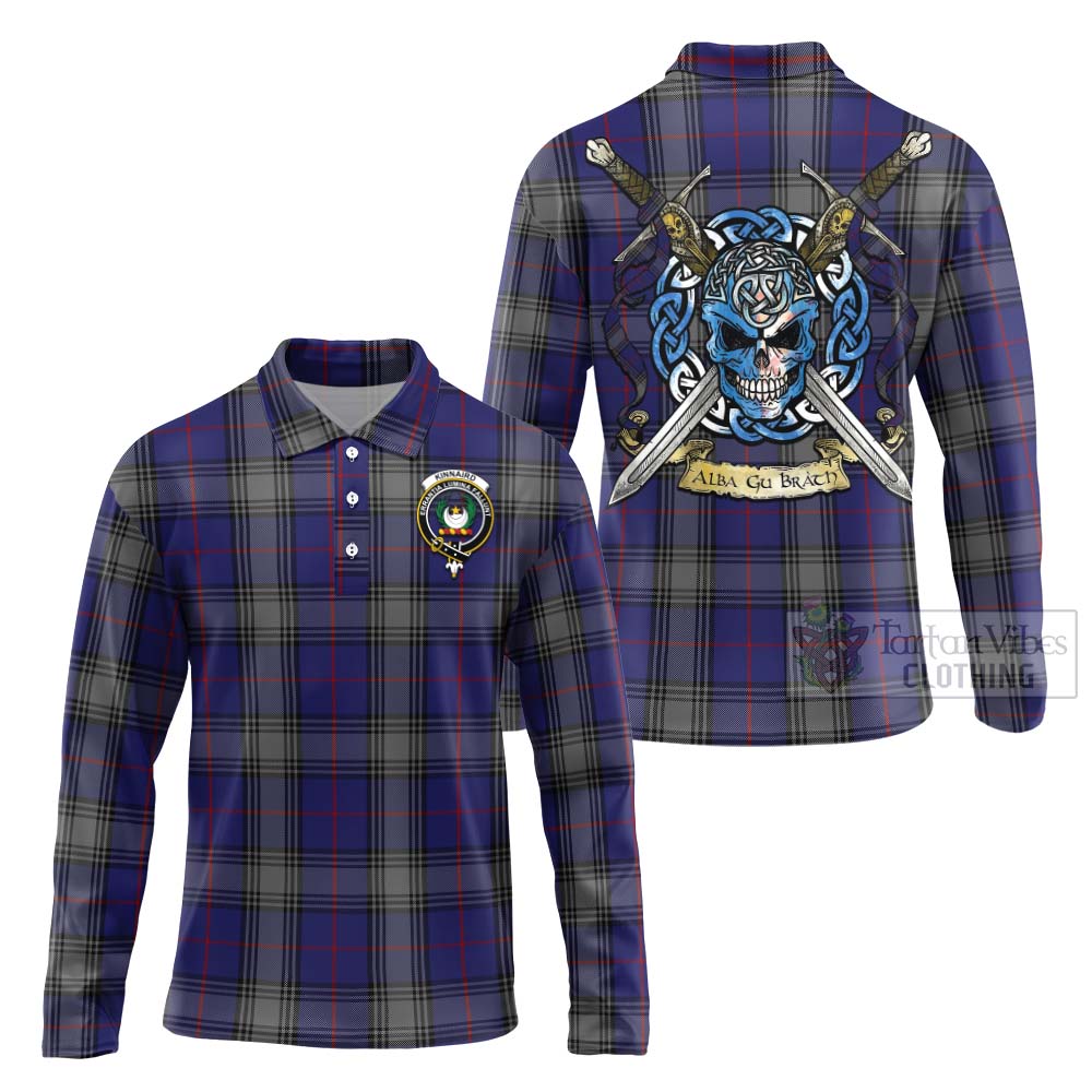 Tartan Vibes Clothing Kinnaird Tartan Long Sleeve Polo Shirt with Family Crest Celtic Skull Style