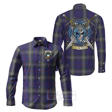 Kinnaird Tartan Long Sleeve Button Shirt with Family Crest Celtic Skull Style