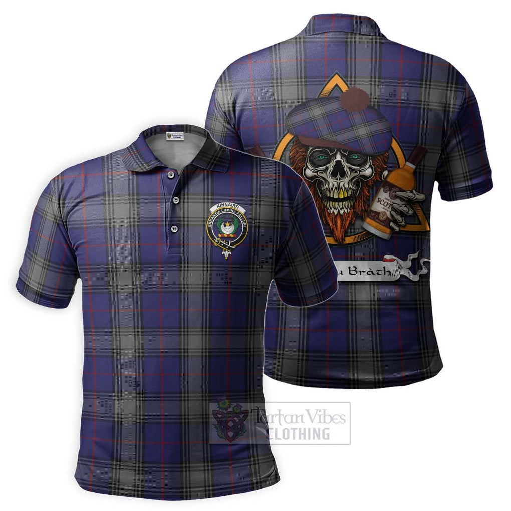 Tartan Vibes Clothing Kinnaird Tartan Polo Shirt with Family Crest and Bearded Skull Holding Bottles of Whiskey