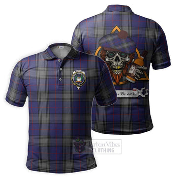 Kinnaird Tartan Polo Shirt with Family Crest and Bearded Skull Holding Bottles of Whiskey