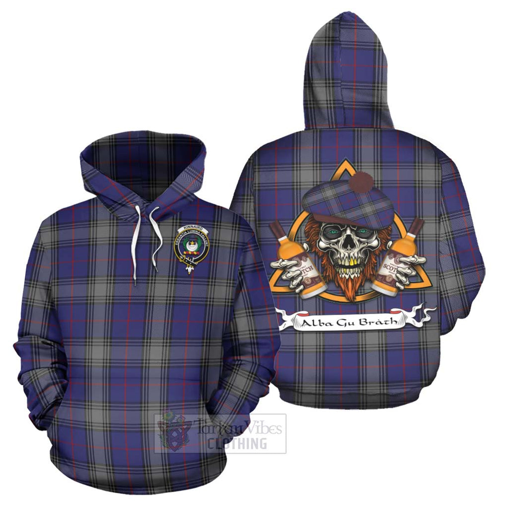 Tartan Vibes Clothing Kinnaird Tartan Hoodie with Family Crest and Bearded Skull Holding Bottles of Whiskey