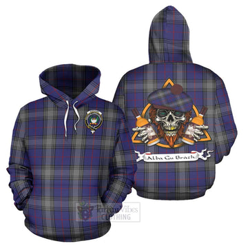 Kinnaird Tartan Hoodie with Family Crest and Bearded Skull Holding Bottles of Whiskey