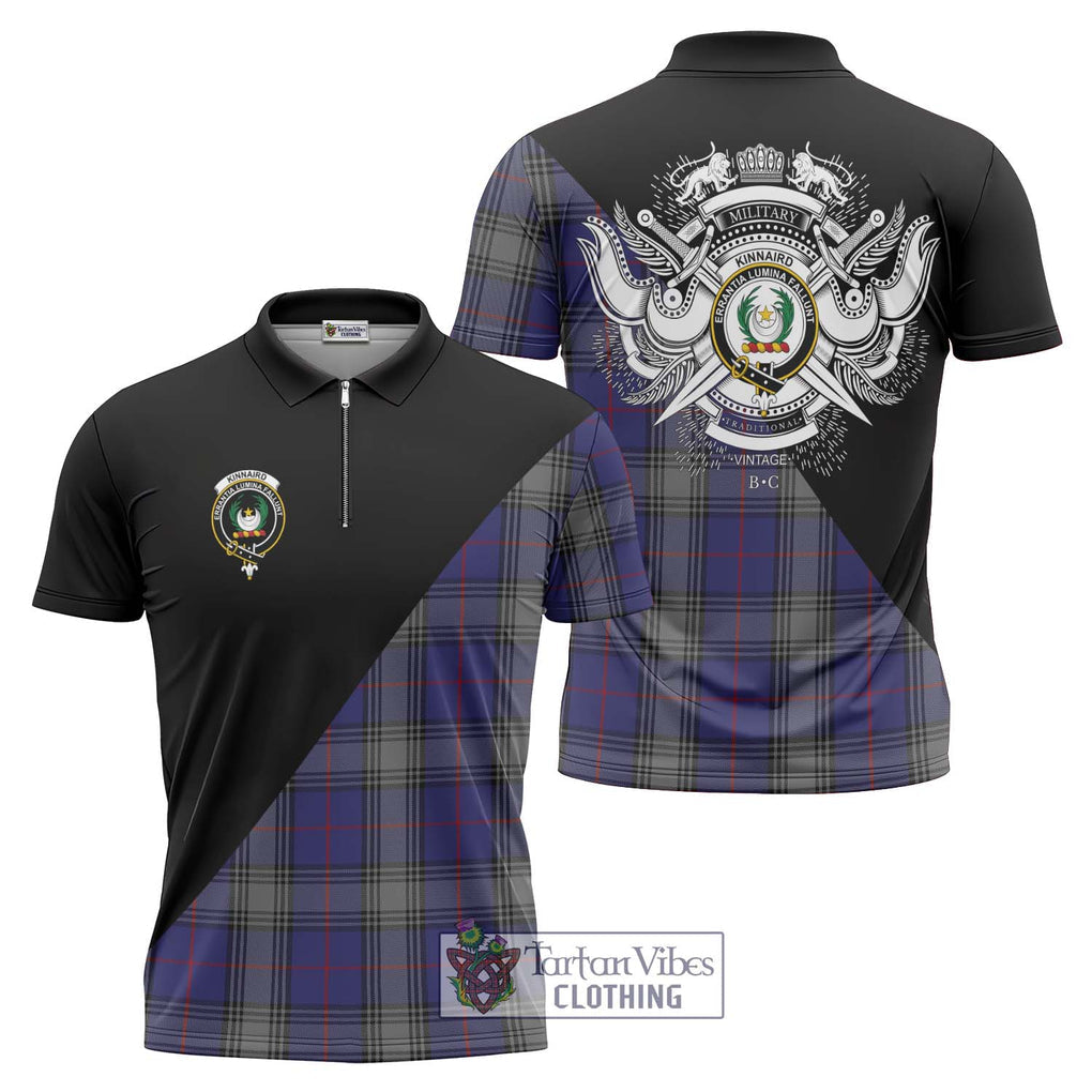 Kinnaird Tartan Zipper Polo Shirt with Family Crest and Military Logo Style Unisex - Tartanvibesclothing Shop