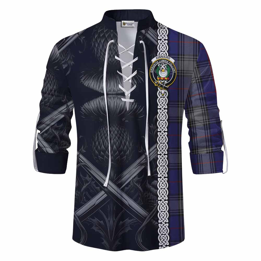 Tartan Vibes Clothing Kinnaird Tartan Ghillie Kilt Shirt with Family Crest Cross Sword Thistle Celtic Vibes