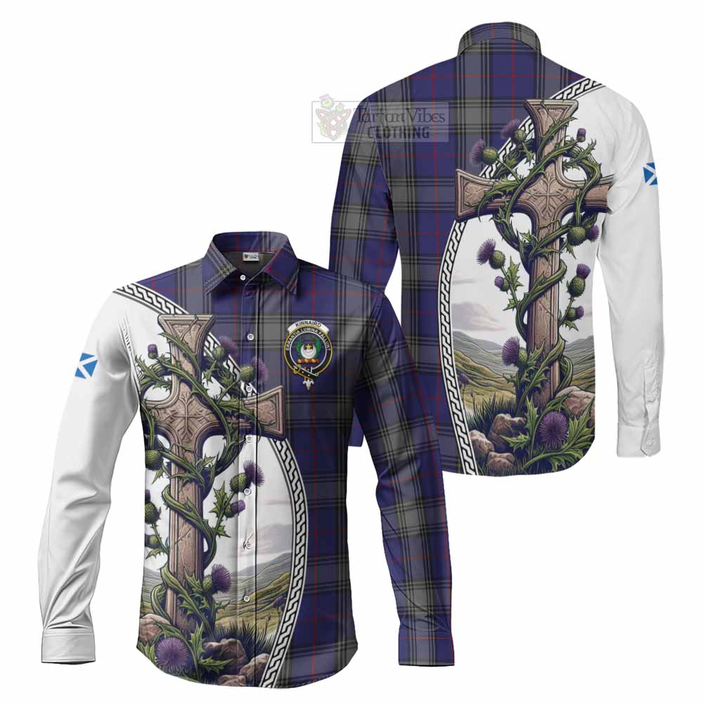 Kinnaird Tartan Long Sleeve Button Shirt with Family Crest and St. Andrew's Cross Accented by Thistle Vines Men's Shirt S - Tartan Vibes Clothing