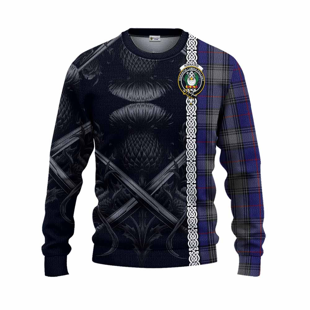 Tartan Vibes Clothing Kinnaird Tartan Knitted Sweater with Family Crest Cross Sword Thistle Celtic Vibes