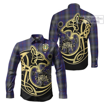 Kinnaird Tartan Long Sleeve Button Shirt with Family Crest Celtic Wolf Style