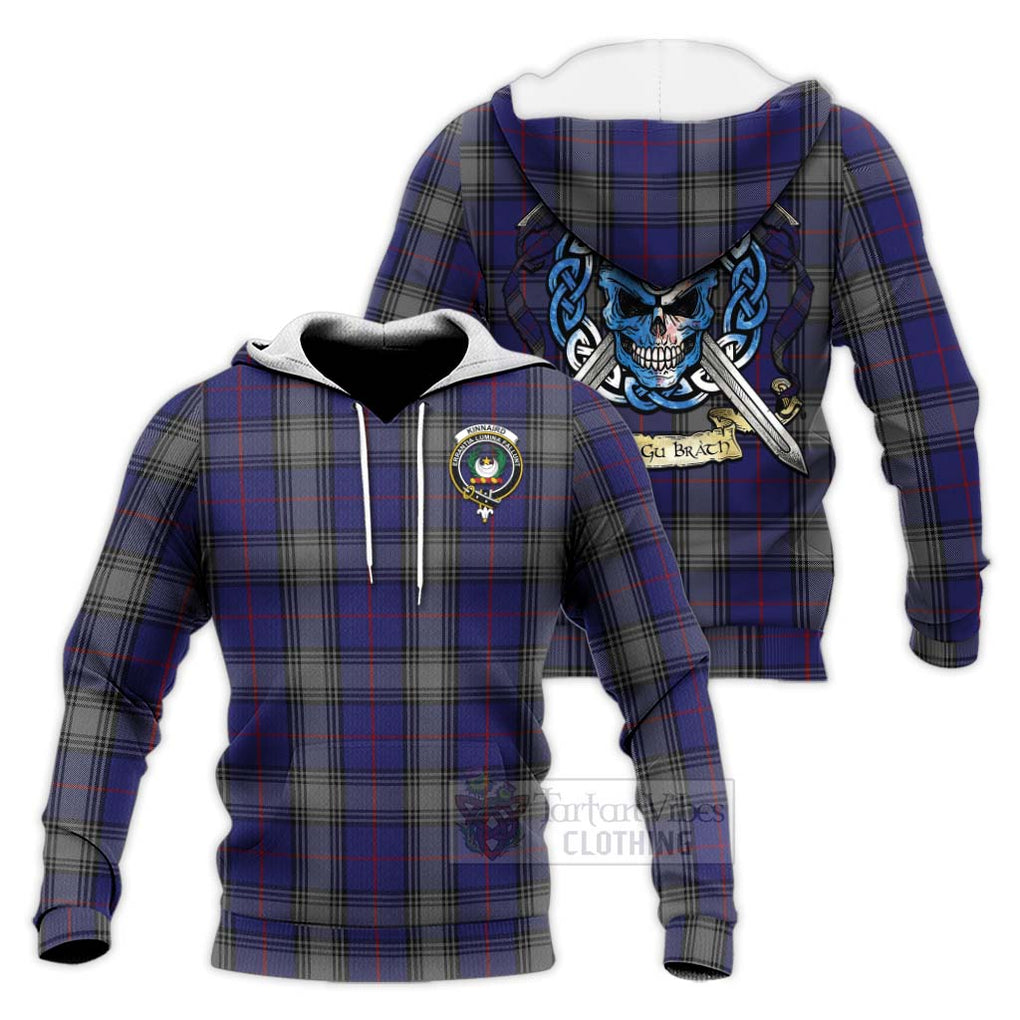 Tartan Vibes Clothing Kinnaird Tartan Knitted Hoodie with Family Crest Celtic Skull Style