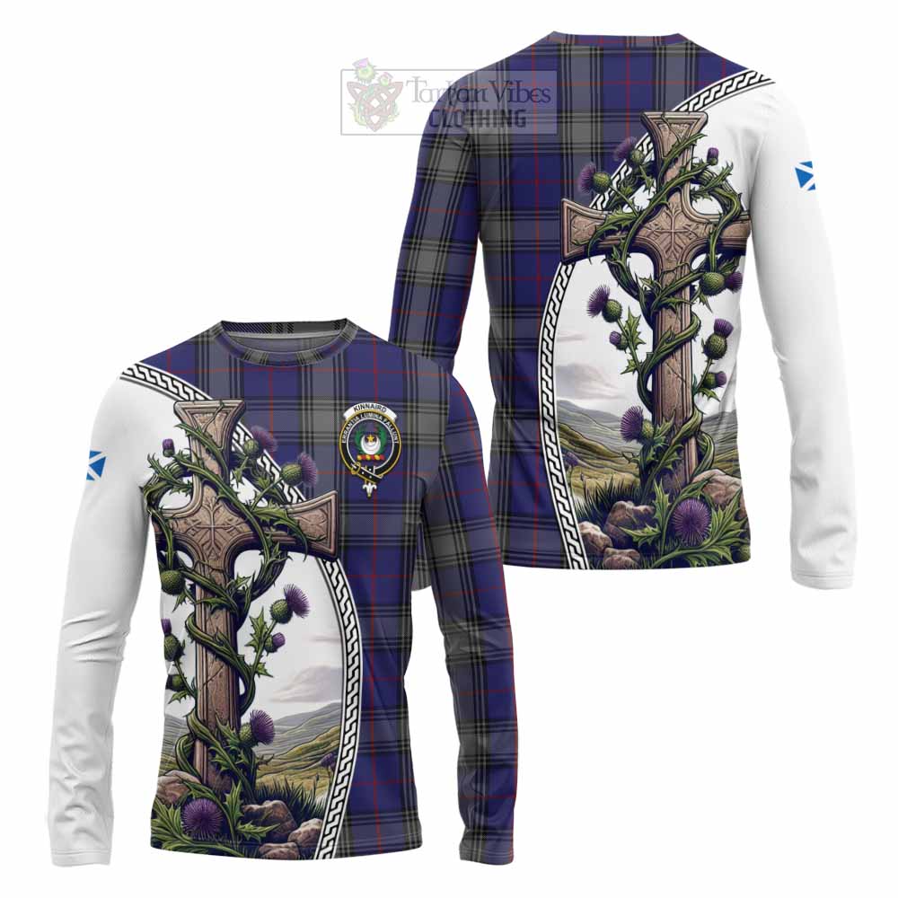 Tartan Vibes Clothing Kinnaird Tartan Long Sleeve T-Shirt with Family Crest and St. Andrew's Cross Accented by Thistle Vines