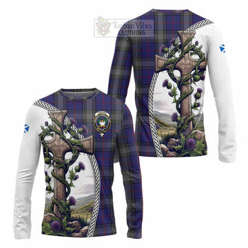 Kinnaird Tartan Long Sleeve T-Shirt with Family Crest and St. Andrew's Cross Accented by Thistle Vines