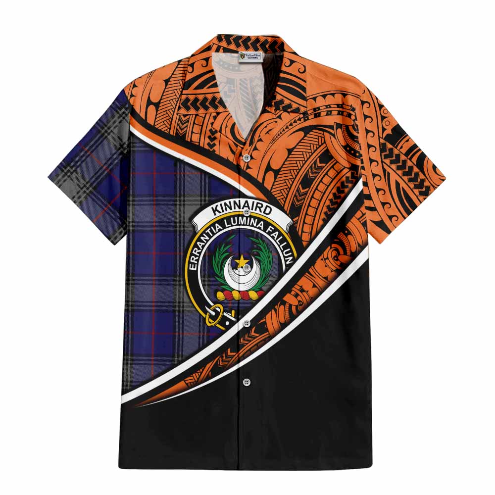 Tartan Vibes Clothing Kinnaird Crest Tartan Short Sleeve Button Shirt with Maori Tattoo Style - Orange Version