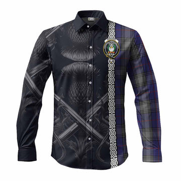 Kinnaird Tartan Long Sleeve Button Shirt with Family Crest Cross Sword Thistle Celtic Vibes