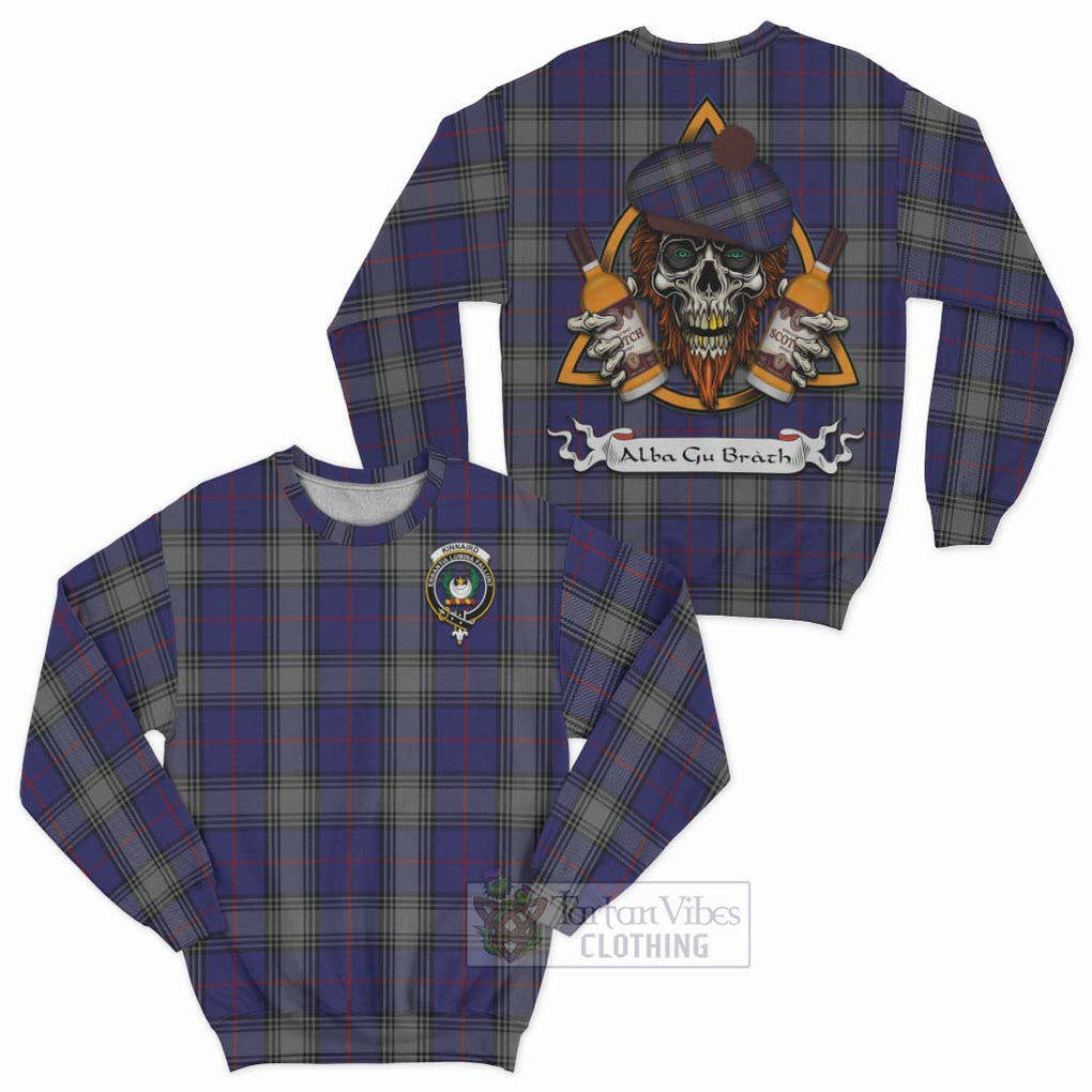 Tartan Vibes Clothing Kinnaird Tartan Sweatshirt with Family Crest and Bearded Skull Holding Bottles of Whiskey