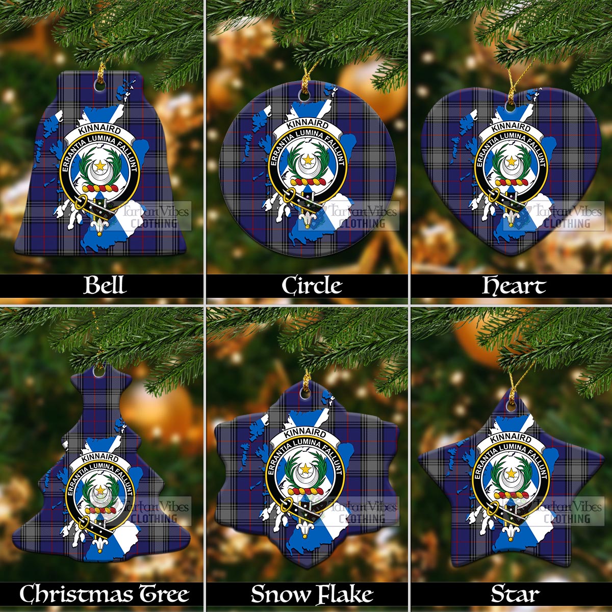 Tartan Vibes Clothing Kinnaird Tartan Christmas Ornament with Family Crest and Scotland Map