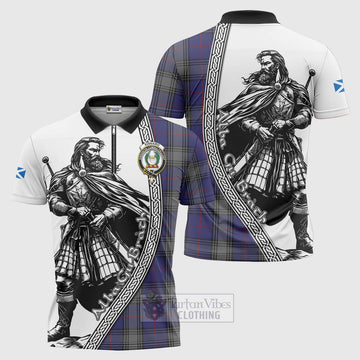 Kinnaird Tartan Clan Crest Zipper Polo Shirt with Highlander Warrior Celtic Style