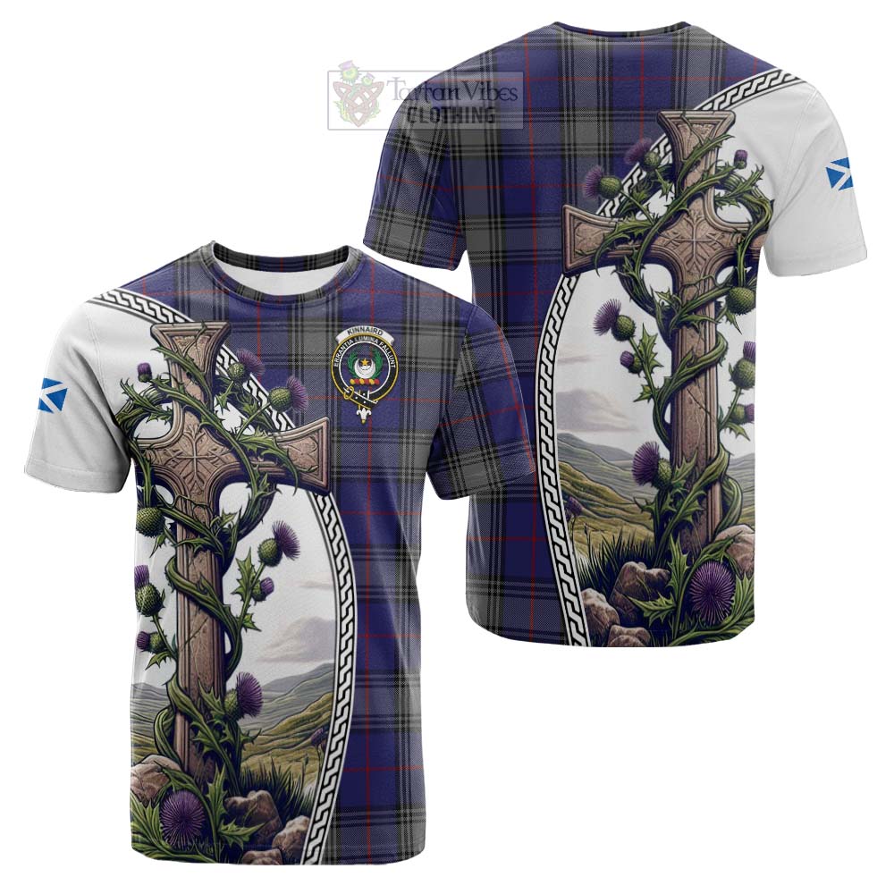 Tartan Vibes Clothing Kinnaird Tartan Cotton T-shirt with Family Crest and St. Andrew's Cross Accented by Thistle Vines