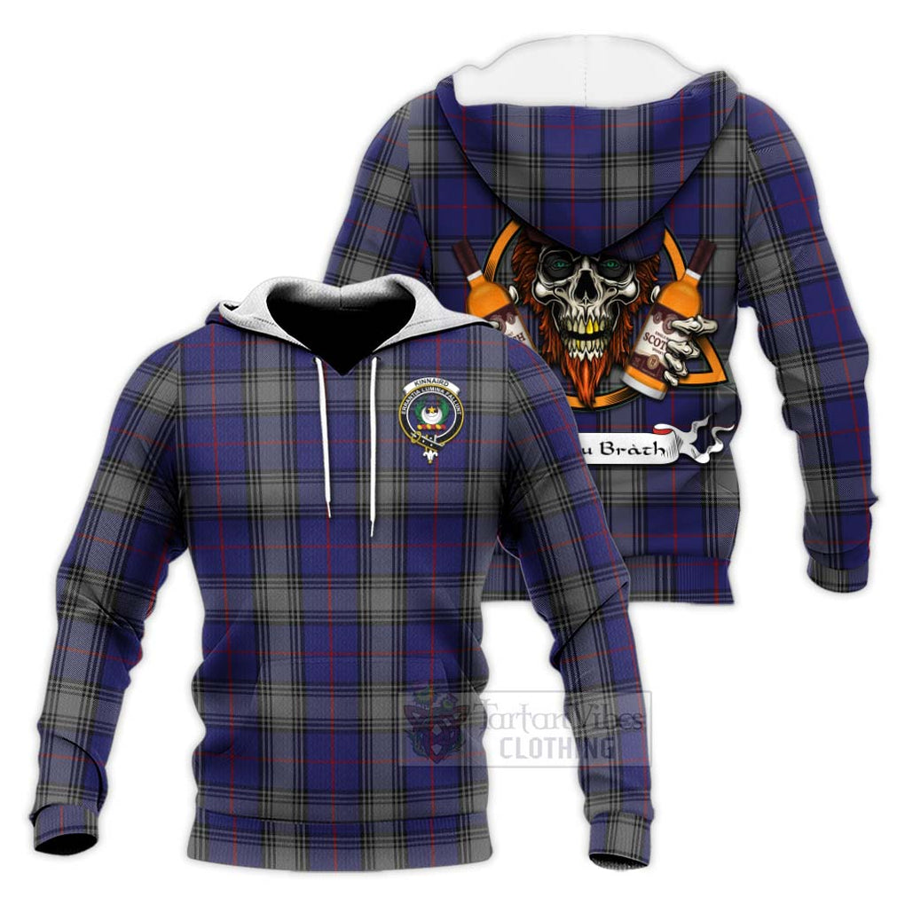 Tartan Vibes Clothing Kinnaird Tartan Knitted Hoodie with Family Crest and Bearded Skull Holding Bottles of Whiskey