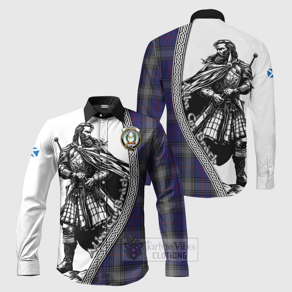 Kinnaird Tartan Clan Crest Long Sleeve Button Shirt with Highlander Warrior Celtic Style Men's Shirt S - Tartan Vibes Clothing