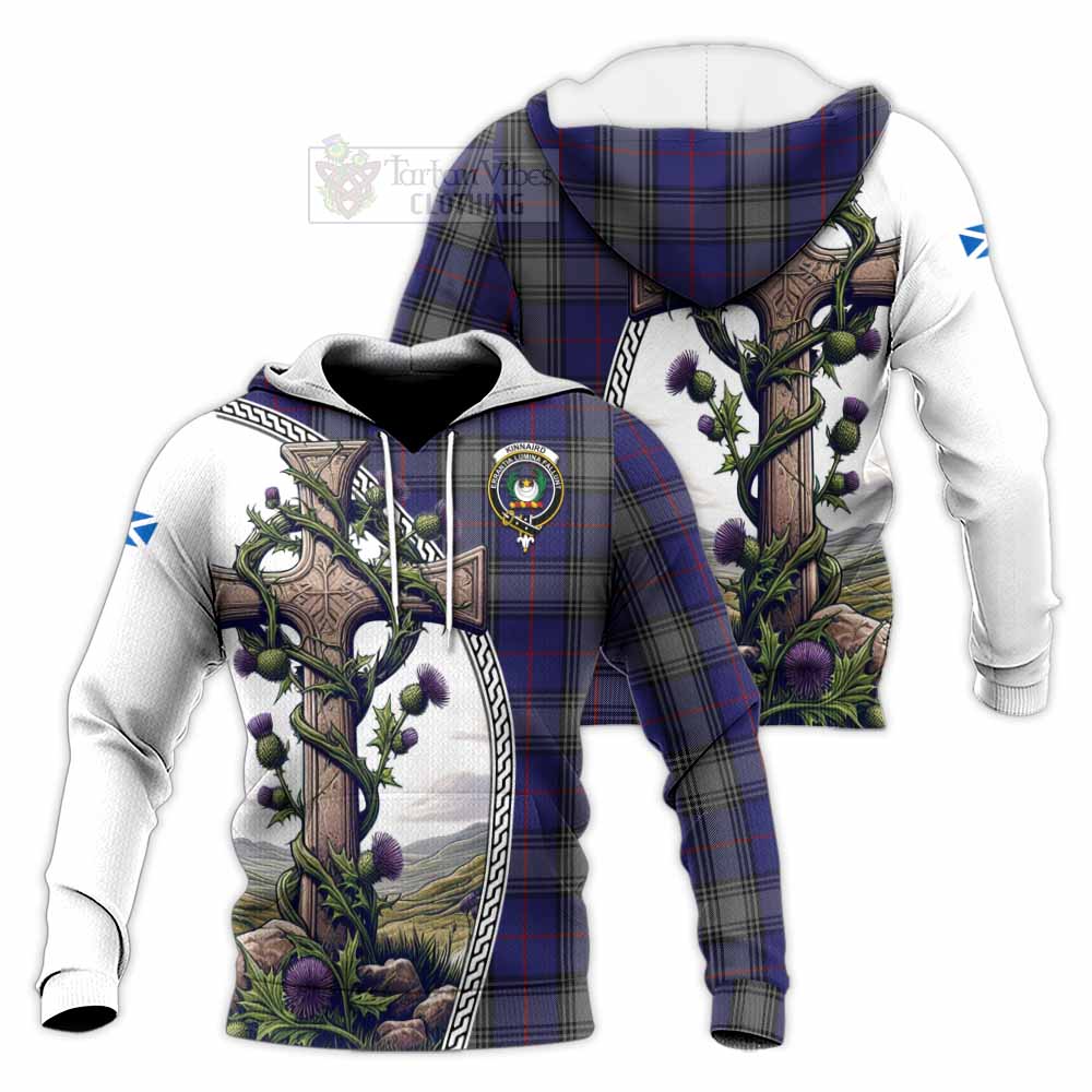 Tartan Vibes Clothing Kinnaird Tartan Knitted Hoodie with Family Crest and St. Andrew's Cross Accented by Thistle Vines