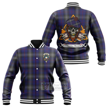 Kinnaird Tartan Baseball Jacket with Family Crest and Bearded Skull Holding Bottles of Whiskey