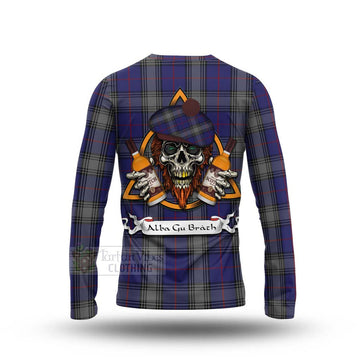 Kinnaird Tartan Long Sleeve T-Shirt with Family Crest and Bearded Skull Holding Bottles of Whiskey