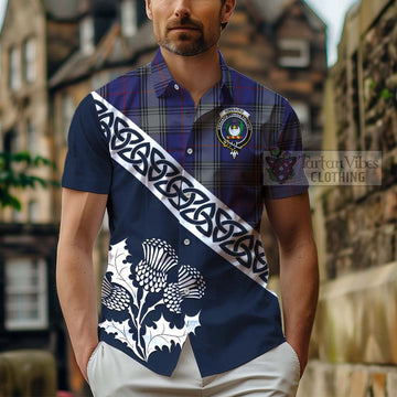 Kinnaird Tartan Short Sleeve Button Shirt Featuring Thistle and Scotland Map