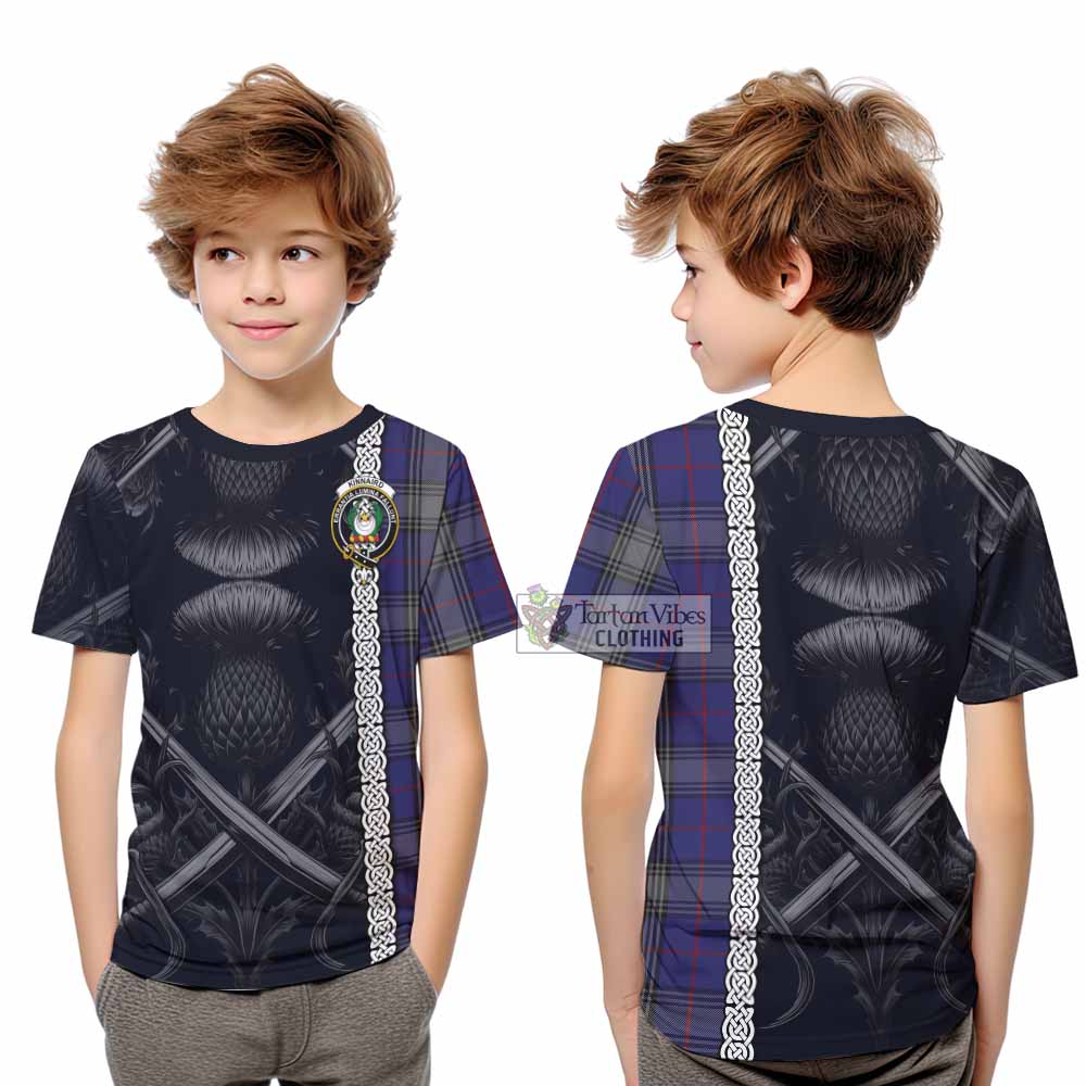 Tartan Vibes Clothing Kinnaird Tartan Kid T-Shirt with Family Crest Cross Sword Thistle Celtic Vibes