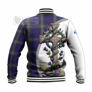 Kinnaird Tartan Baseball Jacket with Family Crest and St. Andrew's Cross Accented by Thistle Vines