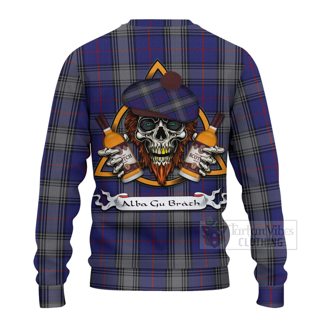 Tartan Vibes Clothing Kinnaird Tartan Knitted Sweater with Family Crest and Bearded Skull Holding Bottles of Whiskey