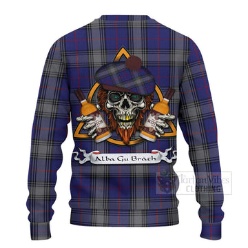 Kinnaird Tartan Ugly Sweater with Family Crest and Bearded Skull Holding Bottles of Whiskey