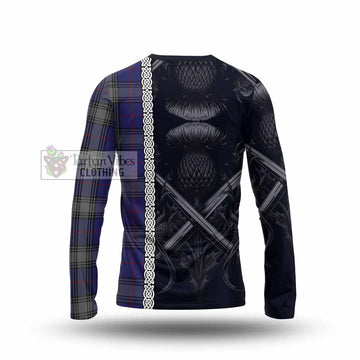 Kinnaird Tartan Long Sleeve T-Shirt with Family Crest Cross Sword Thistle Celtic Vibes