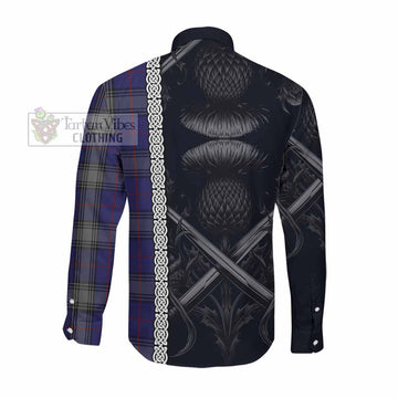 Kinnaird Tartan Long Sleeve Button Shirt with Family Crest Cross Sword Thistle Celtic Vibes