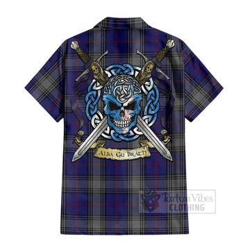 Kinnaird Tartan Short Sleeve Button Shirt with Family Crest Celtic Skull Style