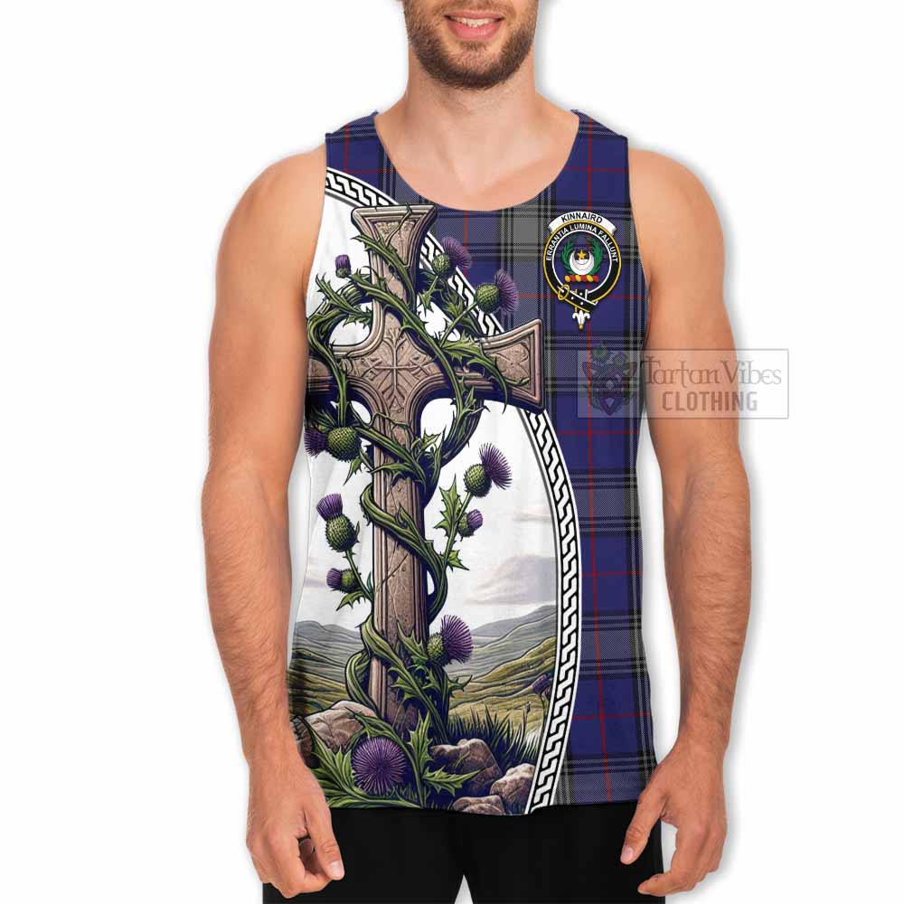 Tartan Vibes Clothing Kinnaird Tartan Men's Tank Top with Family Crest and St. Andrew's Cross Accented by Thistle Vines