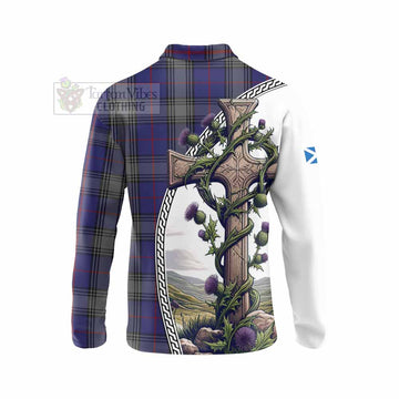 Kinnaird Tartan Long Sleeve Polo Shirt with Family Crest and St. Andrew's Cross Accented by Thistle Vines