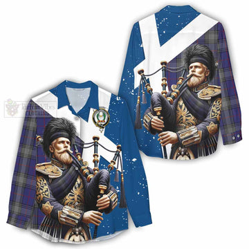 Kinnaird Tartan Women's Casual Shirt with Family Crest Scottish Bagpiper Vibes