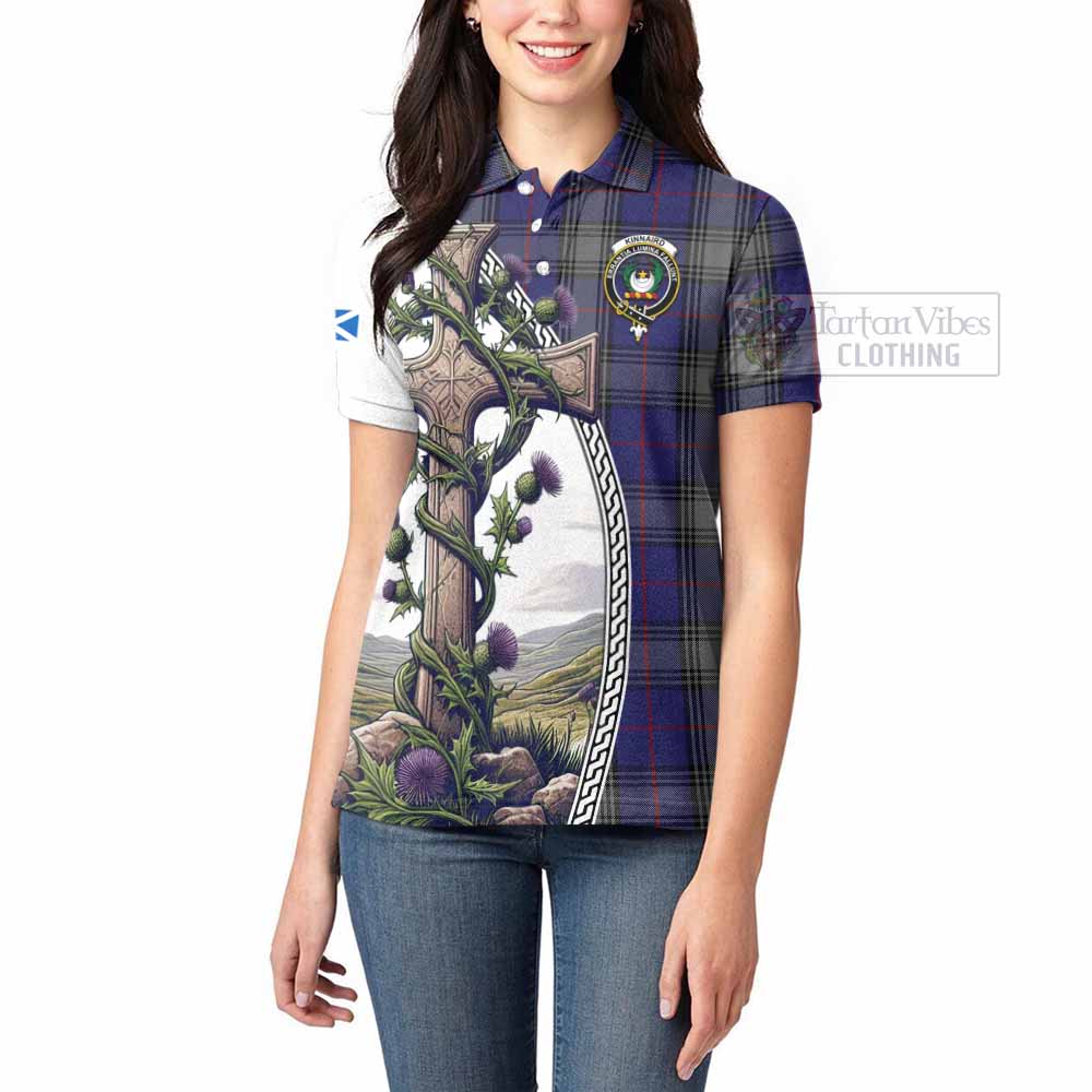 Tartan Vibes Clothing Kinnaird Tartan Women's Polo Shirt with Family Crest and St. Andrew's Cross Accented by Thistle Vines