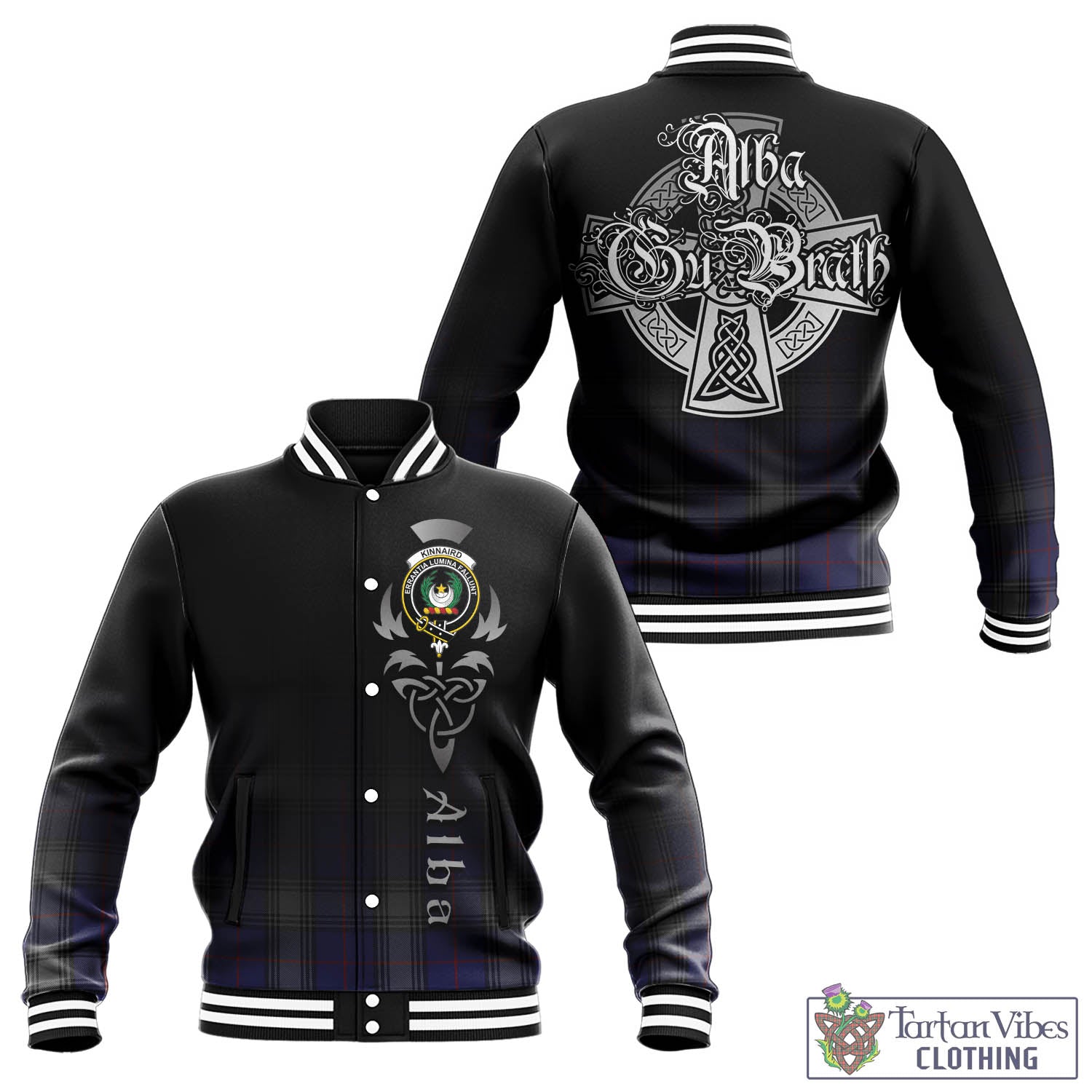 Tartan Vibes Clothing Kinnaird Tartan Baseball Jacket Featuring Alba Gu Brath Family Crest Celtic Inspired