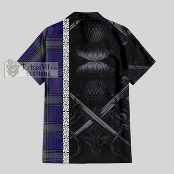 Kinnaird Tartan Short Sleeve Button Shirt with Family Crest Cross Sword Thistle Celtic Vibes