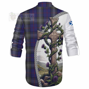 Kinnaird Tartan Ghillie Kilt Shirt with Family Crest and St. Andrew's Cross Accented by Thistle Vines