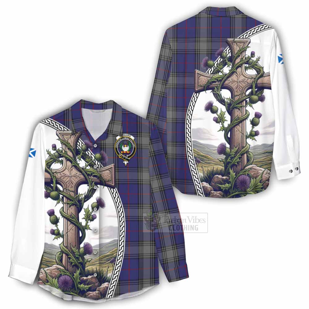 Tartan Vibes Clothing Kinnaird Tartan Women's Casual Shirt with Family Crest and St. Andrew's Cross Accented by Thistle Vines