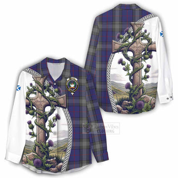 Kinnaird Tartan Women's Casual Shirt with Family Crest and St. Andrew's Cross Accented by Thistle Vines