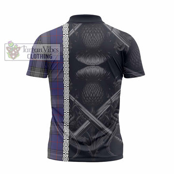 Kinnaird Tartan Zipper Polo Shirt with Family Crest Cross Sword Thistle Celtic Vibes