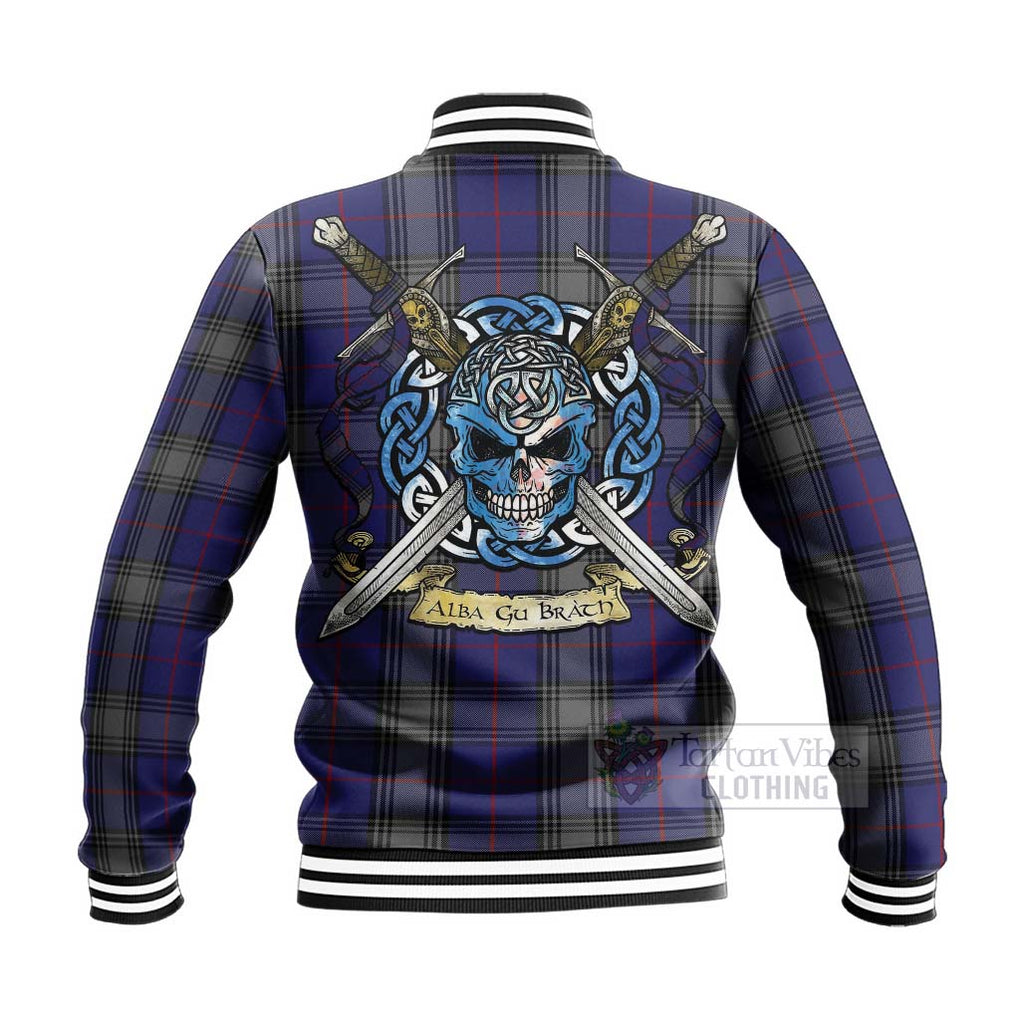 Tartan Vibes Clothing Kinnaird Tartan Baseball Jacket with Family Crest Celtic Skull Style