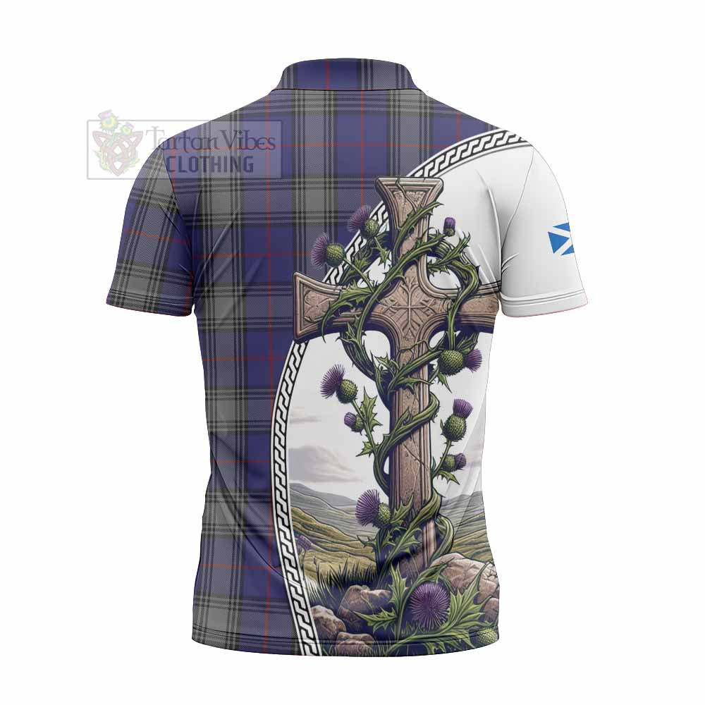 Tartan Vibes Clothing Kinnaird Tartan Zipper Polo Shirt with Family Crest and St. Andrew's Cross Accented by Thistle Vines