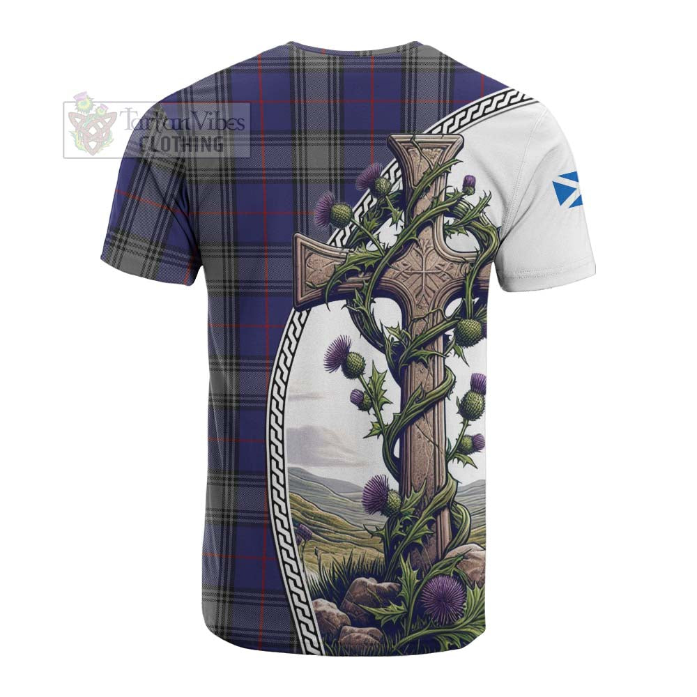 Tartan Vibes Clothing Kinnaird Tartan Cotton T-shirt with Family Crest and St. Andrew's Cross Accented by Thistle Vines