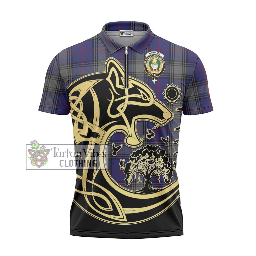 Kinnaird Tartan Zipper Polo Shirt with Family Crest Celtic Wolf Style - Tartanvibesclothing Shop