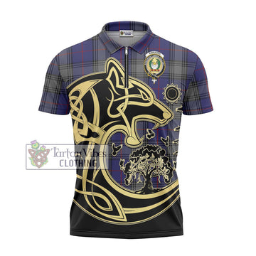 Kinnaird Tartan Zipper Polo Shirt with Family Crest Celtic Wolf Style