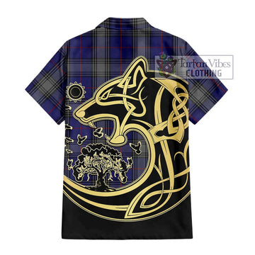 Kinnaird Tartan Short Sleeve Button Shirt with Family Crest Celtic Wolf Style